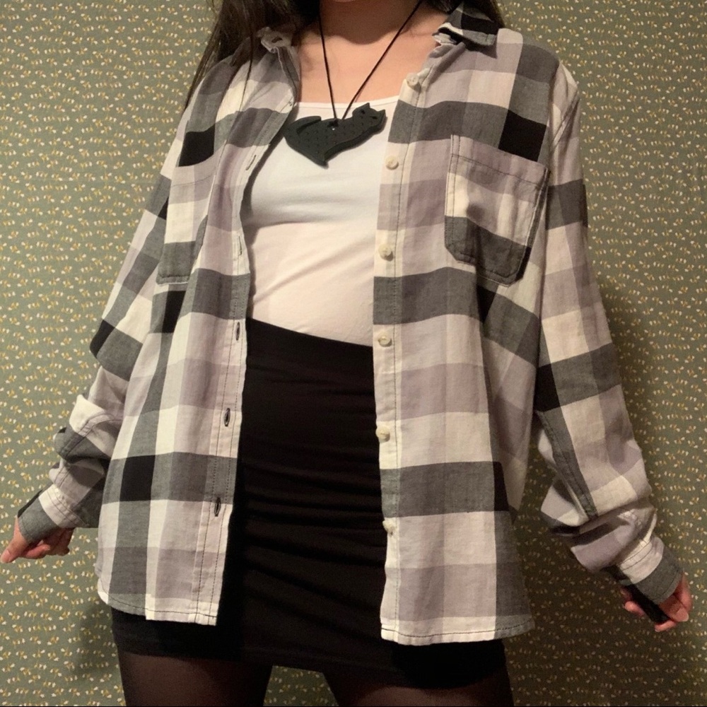 Flannel Black and White Long Top Longsleeve Shirt